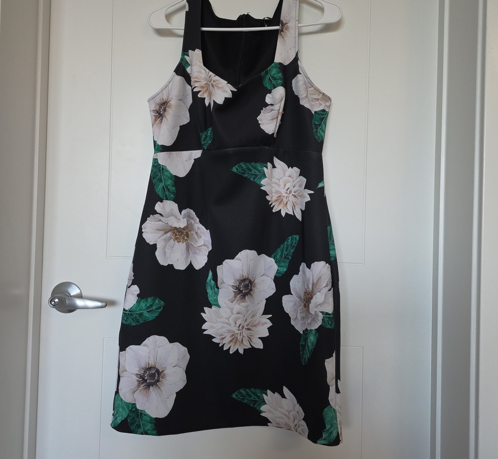 Boston Proper Black Sleeveless Mini Dress with White Floral Print